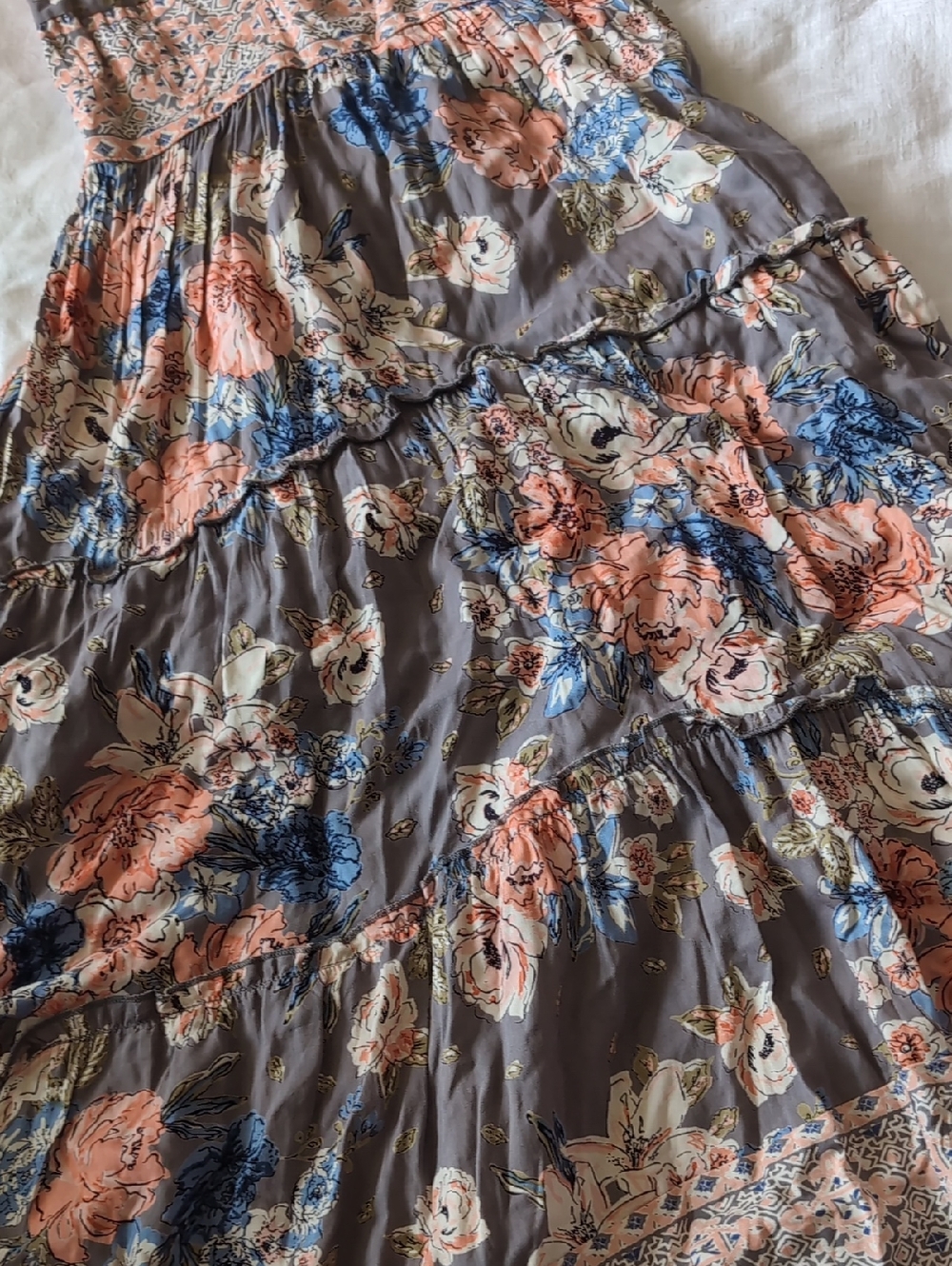 Angie Floral Tiered Maxi Dress - Coral, Blue & Taupe - Picture 6 of 7